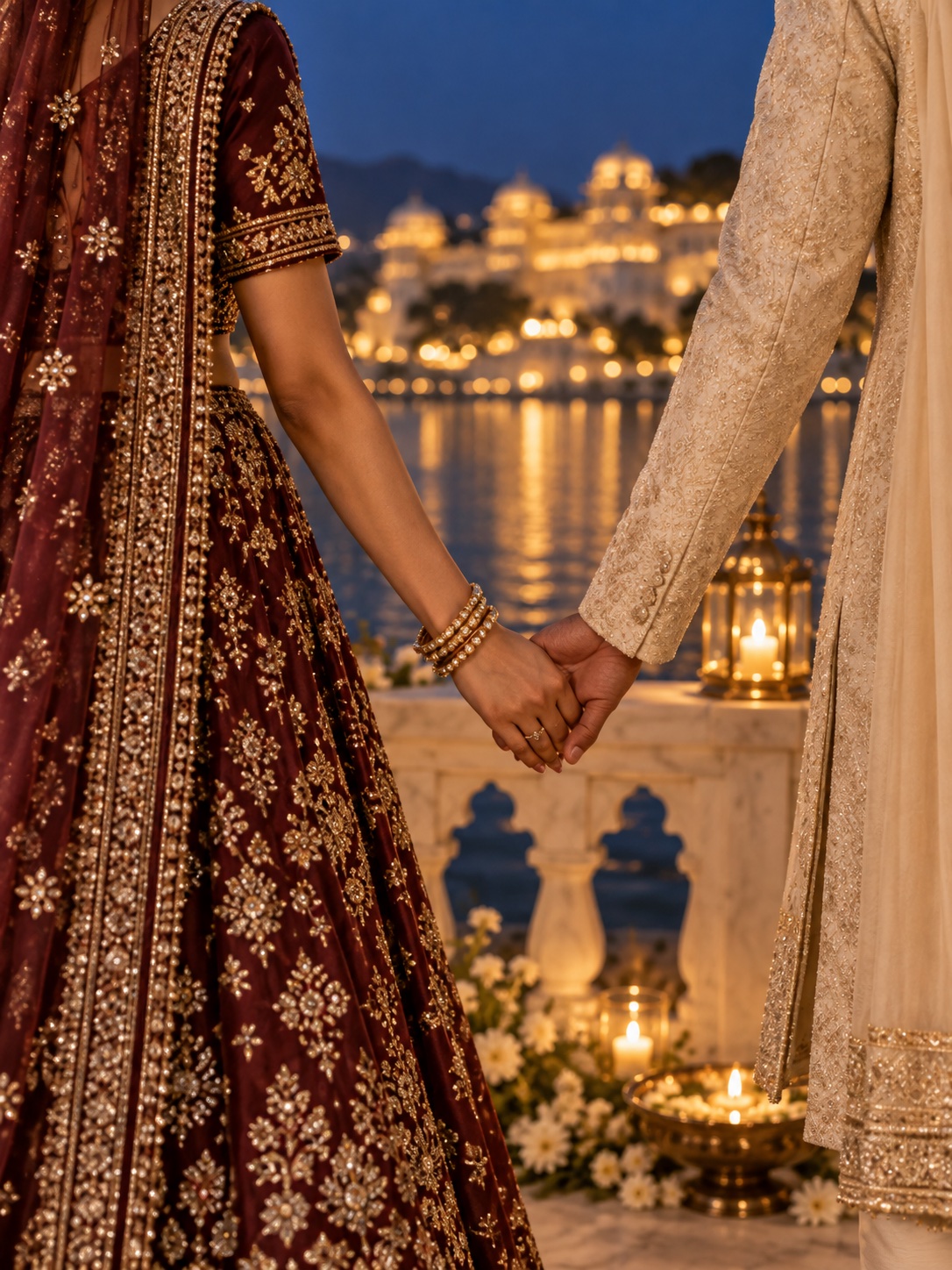 Illustrative bride and groom’s hands, with a moonlit palace beyond