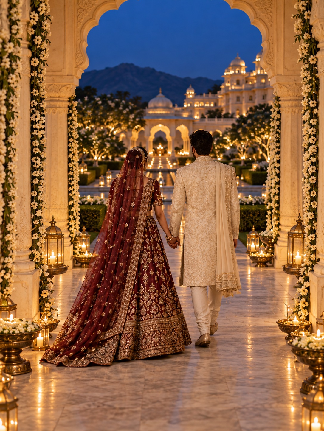 Illustrative couple walking together beneath a flower-lined palace arch