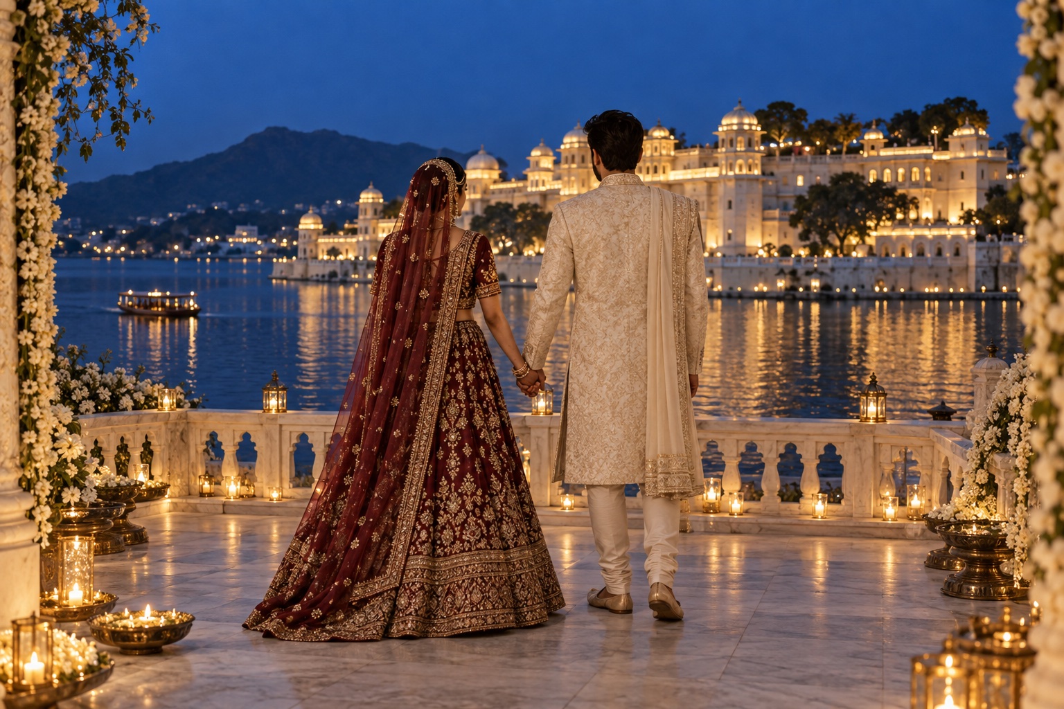 Illustrative couple holding hands on a candlelit palace terrace